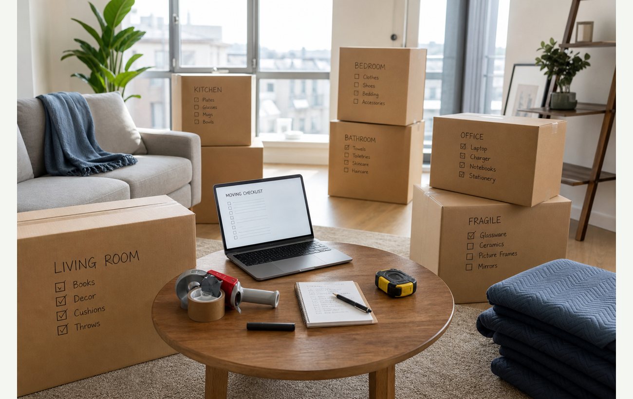 Organized moving boxes, labels, tape, and a planning laptop in a bright apartment